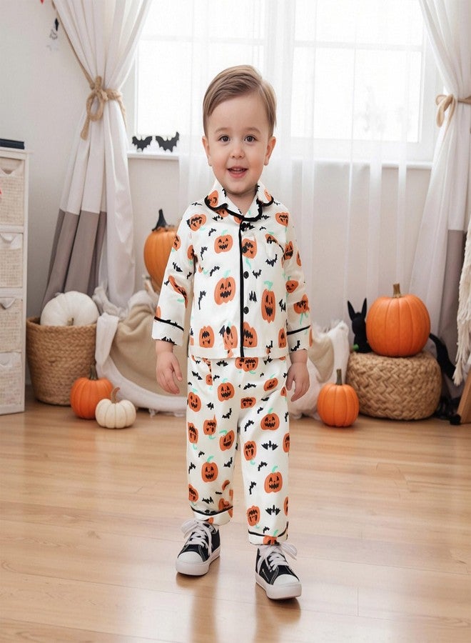 fyclemt Halloween Pajamas Baby Boy Girl Silk Pajamas Floral Pumpkin Ghost Long Sleeve Button Up Shirt Top Pants Toddler Pjs Sleepwear (Apricot Bat Pumpkin Print, 18-24 Months) - Image 2