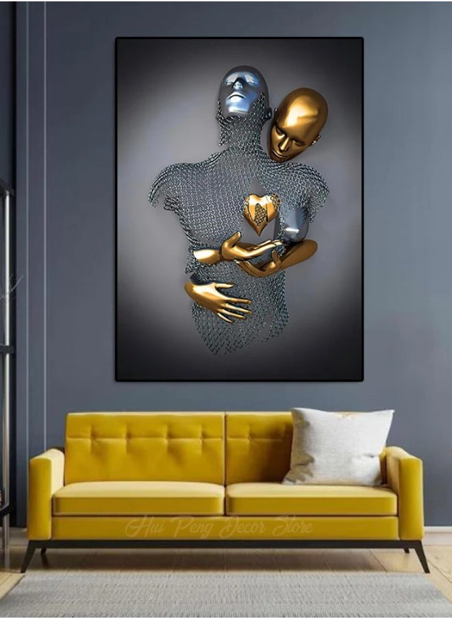 Generic - 3D Love Heart Statue Art Hugging Couples Silver Gold Effect Canvas Print Abstract Metal Figure Poster Prints - Image 1