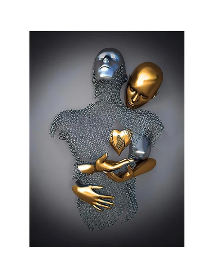 Generic - 3D Love Heart Statue Art Hugging Couples Silver Gold Effect Canvas Print Abstract Metal Figure Poster Prints - Image 1