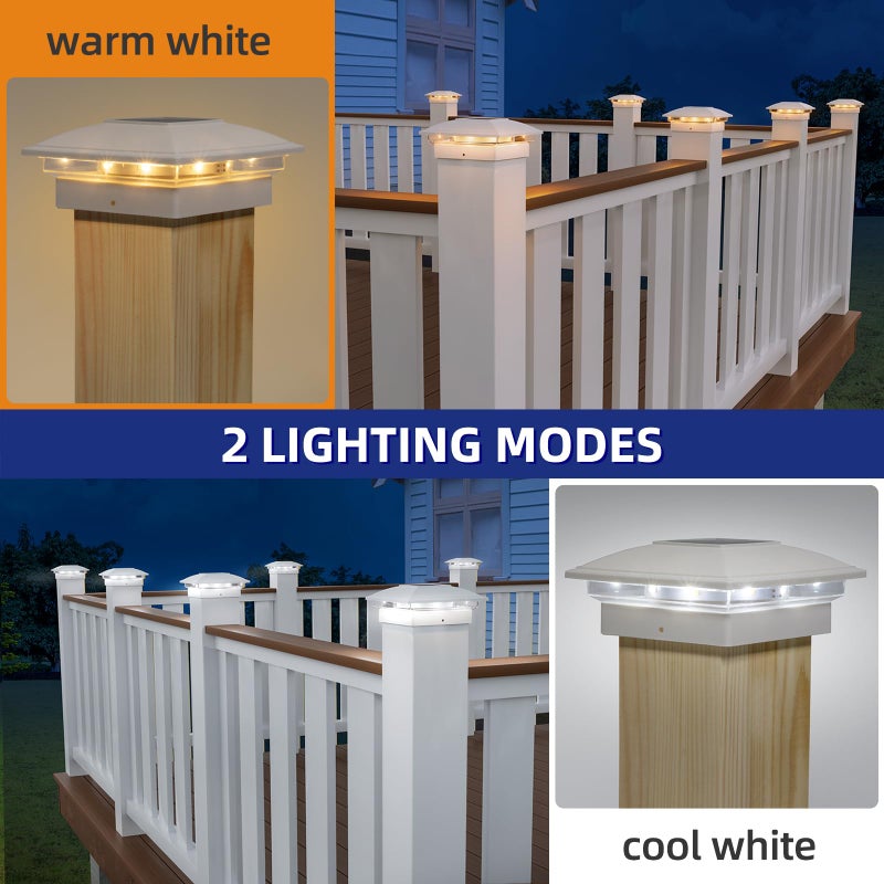 APONUO 6 Pack Solar Post Cap Lights, 2 Modes(Warm/Cool Light) Outdoor Waterproof Fence Post Solar Lights, Solar Powered Garden, Patio, Deck Decor for 4x4, 5x5, 5.5x5.5 Wood & Vinyl Posts, White - Image 2