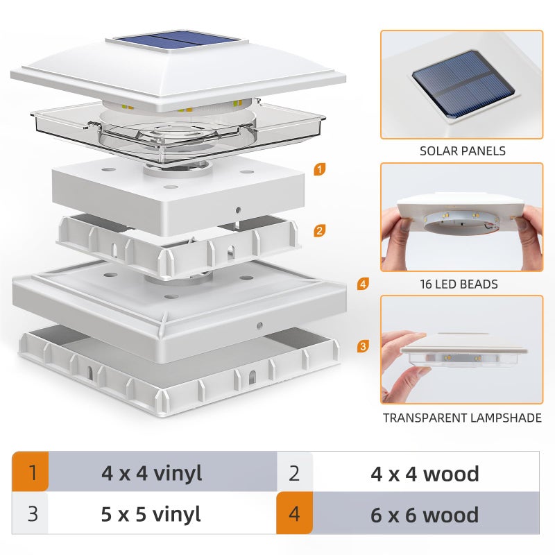 APONUO 6 Pack Solar Post Cap Lights, 2 Modes(Warm/Cool Light) Outdoor Waterproof Fence Post Solar Lights, Solar Powered Garden, Patio, Deck Decor for 4x4, 5x5, 5.5x5.5 Wood & Vinyl Posts, White - Image 3