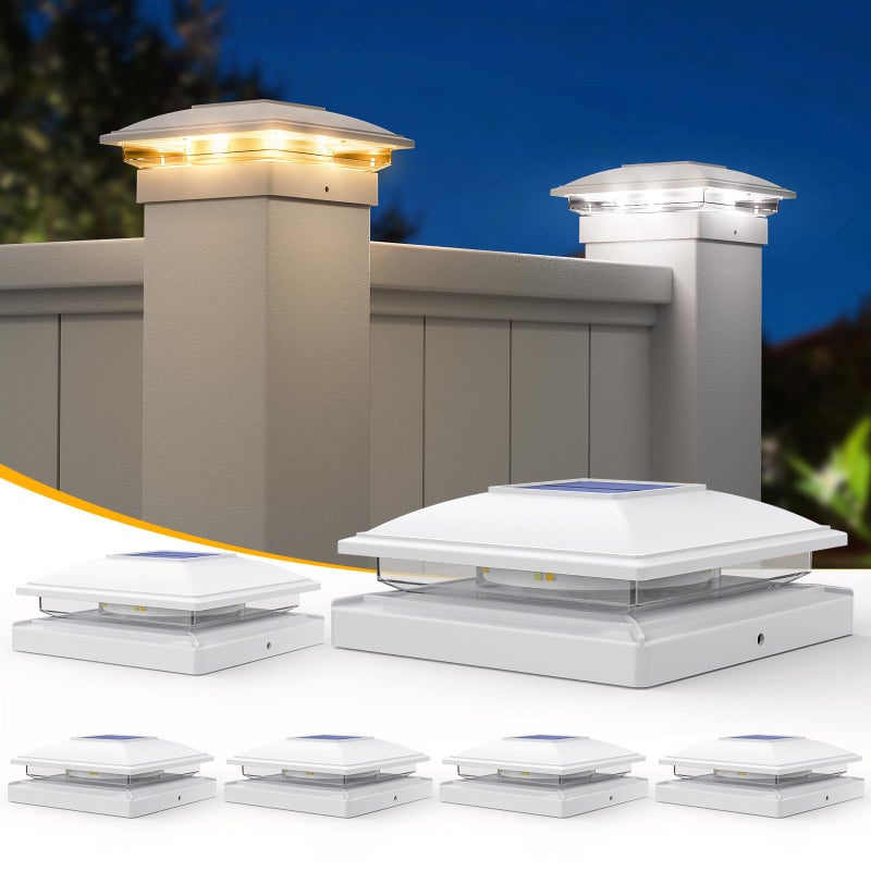 APONUO 6 Pack Solar Post Cap Lights, 2 Modes(Warm/Cool Light) Outdoor Waterproof Fence Post Solar Lights, Solar Powered Garden, Patio, Deck Decor for 4x4, 5x5, 5.5x5.5 Wood & Vinyl Posts, White - Image 1
