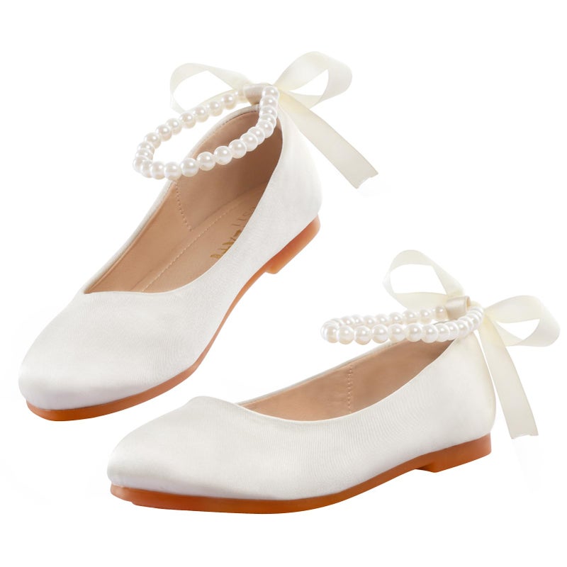 MEJORMEN Flower Girl Shoes Girls Dress Shoe Toddler Mary Jane Ballet Flats Princess Lace-Up Pearl Ankle Strap Dress Shoes for Wedding Party School - Image 1