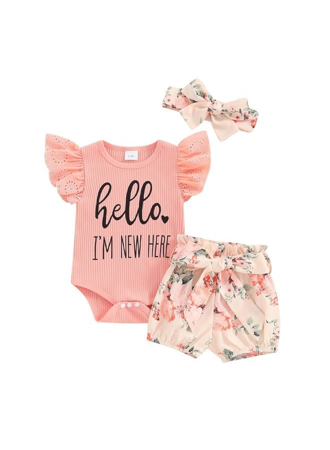 wybzd Baby Girl Newborn Outfit Hello Im New Here Clothes Ribbed Ruffle Romper Top Floral Summer Shorts Set (A New Here Shorts Set, Newborn) - Image 1