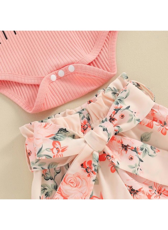 wybzd Baby Girl Newborn Outfit Hello Im New Here Clothes Ribbed Ruffle Romper Top Floral Summer Shorts Set (A New Here Shorts Set, Newborn) - Image 4