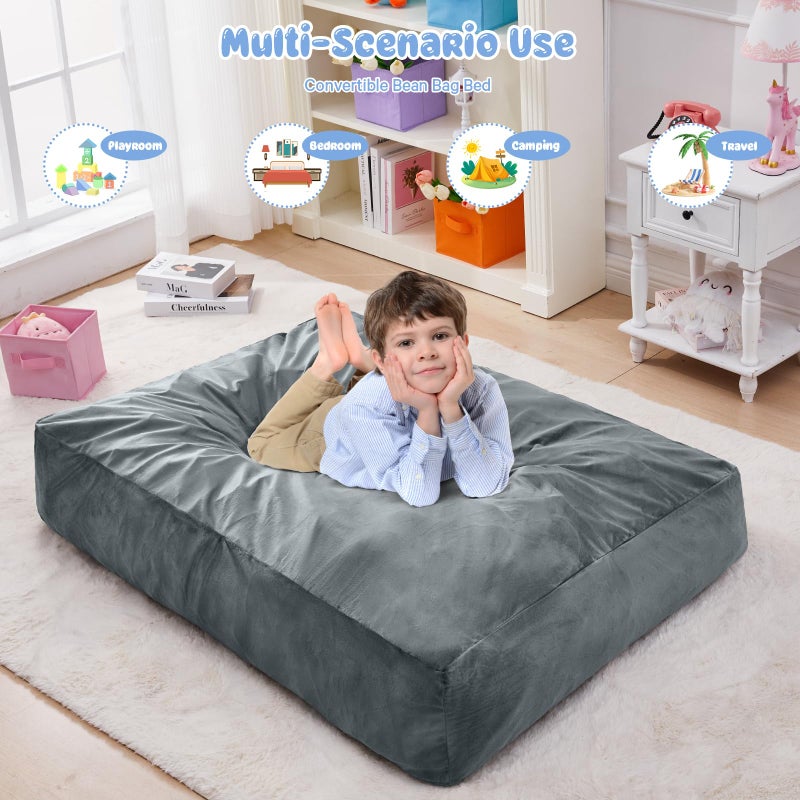 ILPEOD Kids Bean Bag Chair Bed - Convertible Lazy Chair to Floor Mattress with Filler - Small Beanbag Chair for Boys and Girls - Floor Couch Sofa in Bedroom, Classroom, Reading Nook - Charcoal - Image 4