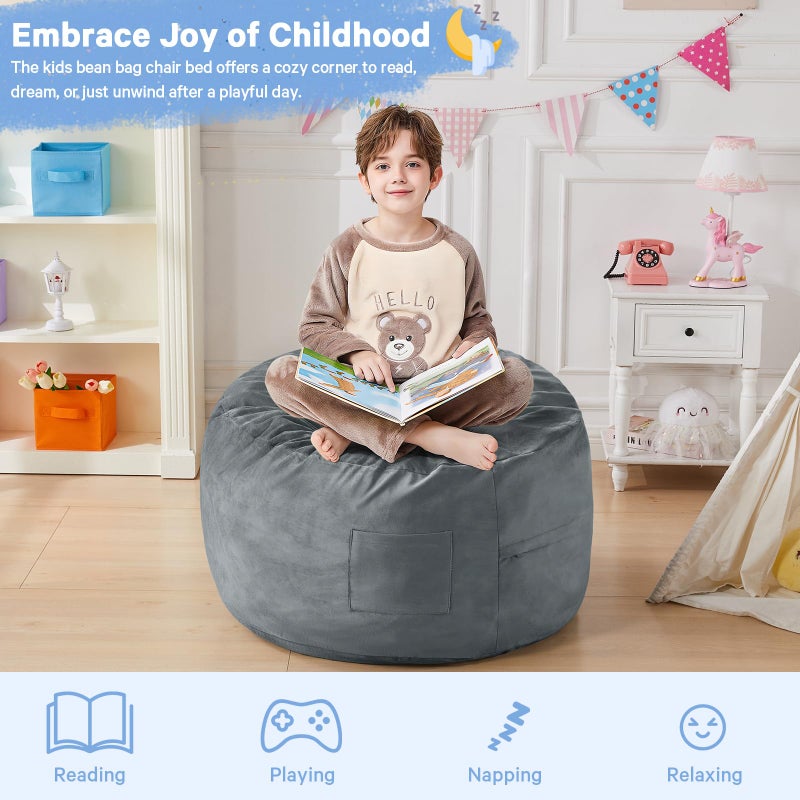 ILPEOD Kids Bean Bag Chair Bed - Convertible Lazy Chair to Floor Mattress with Filler - Small Beanbag Chair for Boys and Girls - Floor Couch Sofa in Bedroom, Classroom, Reading Nook - Charcoal - Image 3