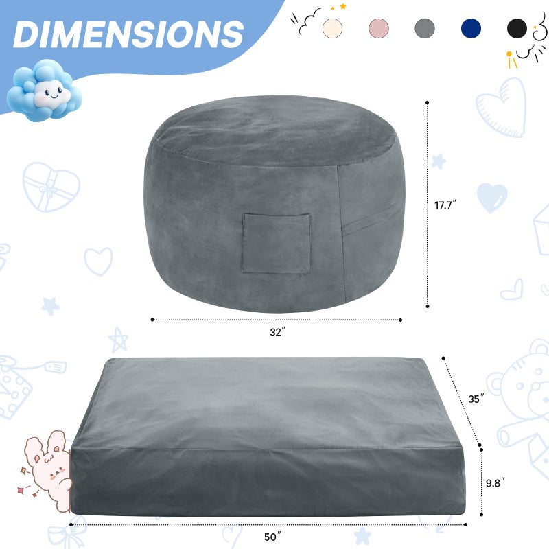 ILPEOD Kids Bean Bag Chair Bed - Convertible Lazy Chair to Floor Mattress with Filler - Small Beanbag Chair for Boys and Girls - Floor Couch Sofa in Bedroom, Classroom, Reading Nook - Charcoal - Image 2