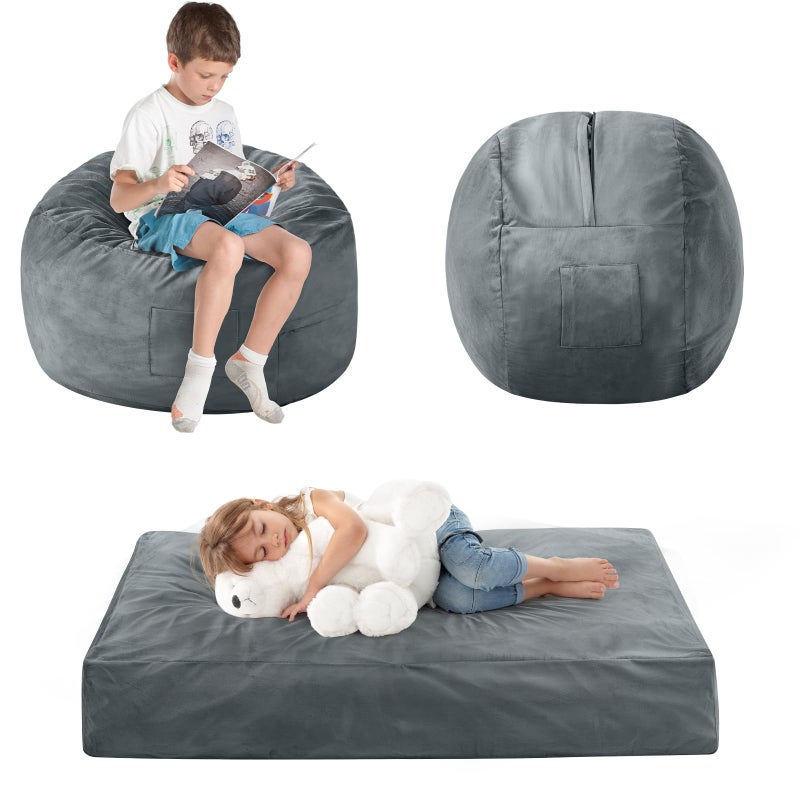 ILPEOD Kids Bean Bag Chair Bed - Convertible Lazy Chair to Floor Mattress with Filler - Small Beanbag Chair for Boys and Girls - Floor Couch Sofa in Bedroom, Classroom, Reading Nook - Charcoal - Image 1