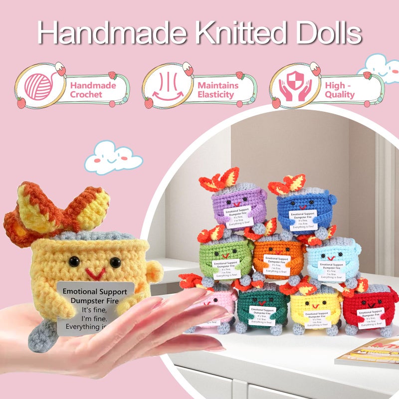 Rovyfota Emotional Support Crochet Dumpster Fire With Positive Card Cute Room Decor Knitted Toys Funny Crochet Support Buddies Gifts For Friends (9Pcs Mix) - Image 3