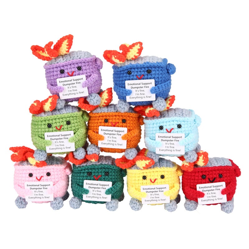 Rovyfota Emotional Support Crochet Dumpster Fire With Positive Card Cute Room Decor Knitted Toys Funny Crochet Support Buddies Gifts For Friends (9Pcs Mix) - Image 1