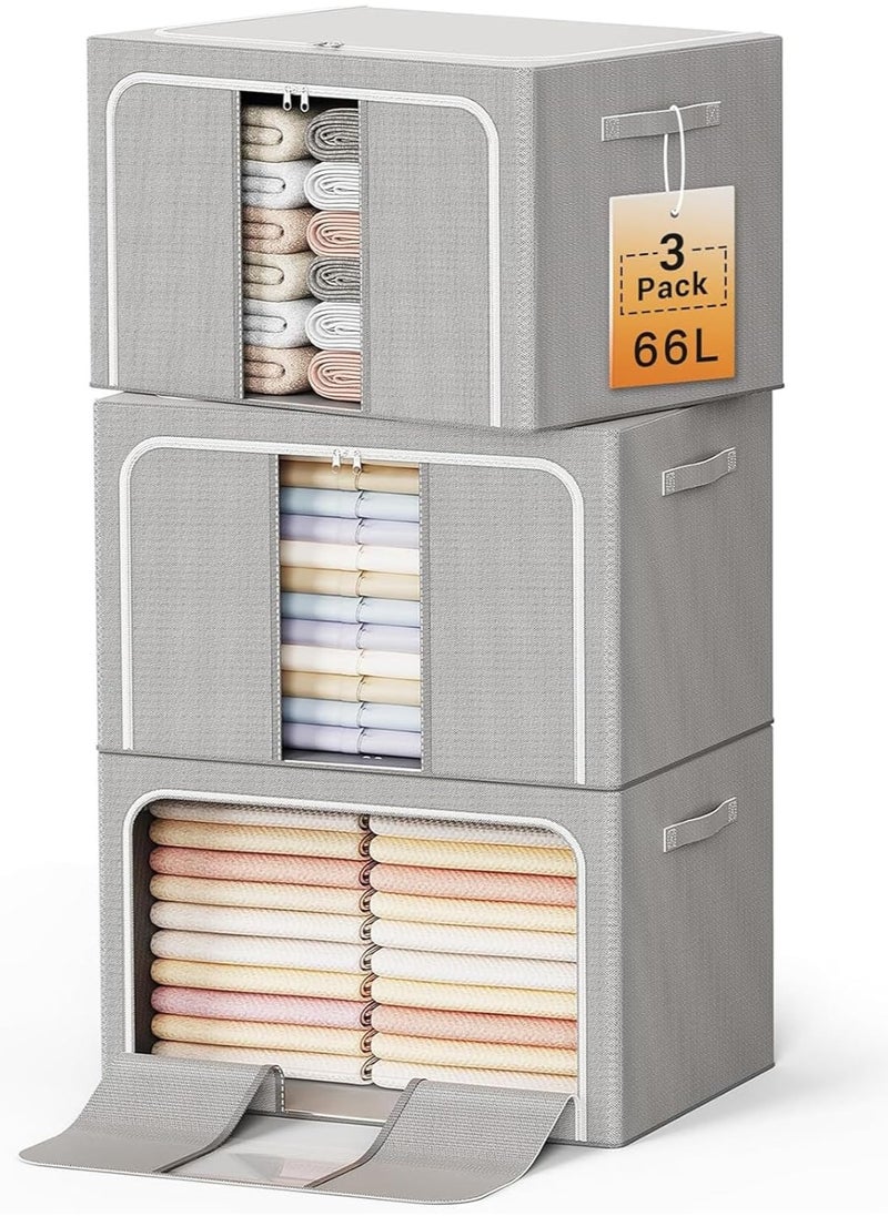 Generic 3 Pack Large Foldable Clothes Storage Box with Steel Frame - 66L Sturdy Oxford Fabric Organizer with 2 Clear Windows, Zippers & Handles - Wardrobe Storage for Clothing, Blankets & Bedding  - Image 1