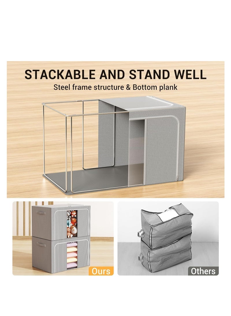 Generic 3 Pack Large Foldable Clothes Storage Box with Steel Frame - 66L Sturdy Oxford Fabric Organizer with 2 Clear Windows, Zippers & Handles - Wardrobe Storage for Clothing, Blankets & Bedding  - Image 2