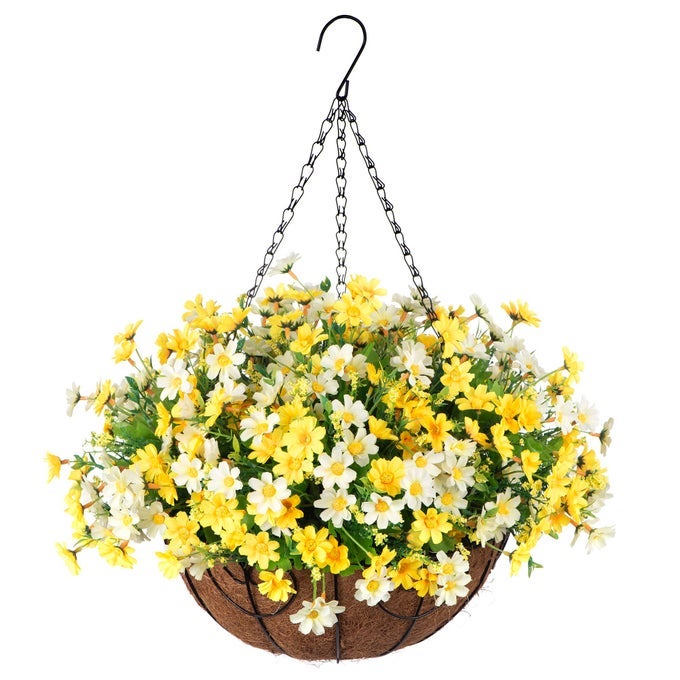 Artificial Hanging Flowers with Basket for Fall Outdoor Decor Fake Fall Mums for Autumn Faux Daisy Flowers Uv Resistant for Patio Garden Porch Deck Indoor DecorationYellow White