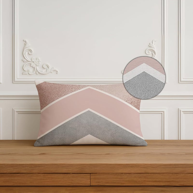 STITCHNEST مجموعة من 2 غطاء وسادة بولي قطن - مستطيل 12x18 بوصة - تصميم بيج، وردي ورمادي شيفرون - أغطية وسائد ناعمة وعصرية لتزيين الأريكة والصالون - Image 3