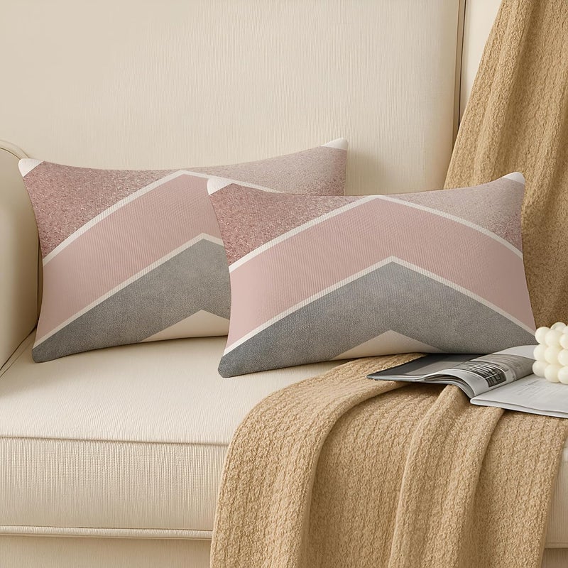 STITCHNEST مجموعة من 2 غطاء وسادة بولي قطن - مستطيل 12x18 بوصة - تصميم بيج، وردي ورمادي شيفرون - أغطية وسائد ناعمة وعصرية لتزيين الأريكة والصالون - Image 2