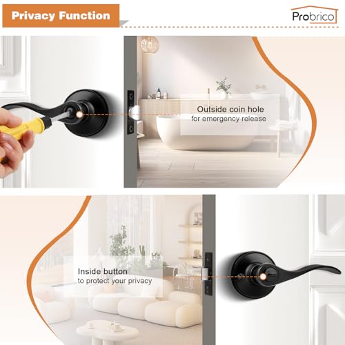 Probrico Matte Black Wave Style Bed/Bath Door Levers, Privacy Door Levers Interior Door Handles for Bedroom Bathroom, Reversible Levers for Right/Left Handed Doors, 6 Pack - Image 3