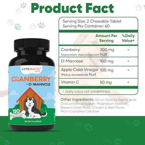 Vitamatic Cranberry for Dogs 120 Chewable Tablets with DMannose Apple Cider Vinegar Vitamin C Urinary Tract Bladder Support for Dogs - Image 3