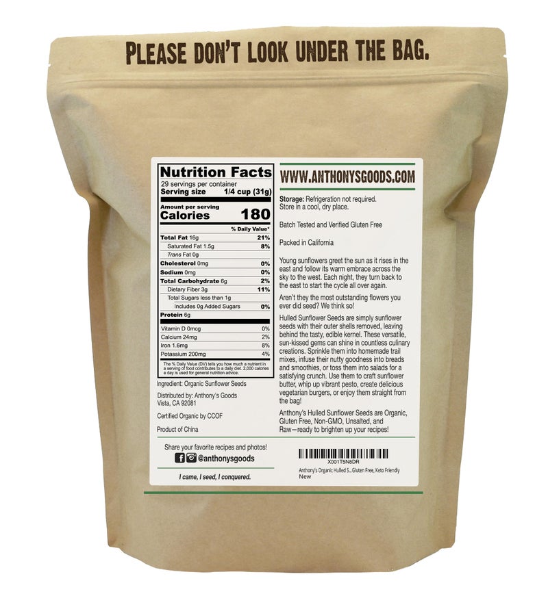 Anthony's Organic Hulled Sunflower Seeds, 2 lb, Raw, Unsalted, Batch Tested and Gluten Free, Keto Friendly - Image 2