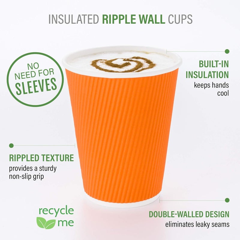 Restaurantware -12 Ounce Disposable Coffee Cups, 25 Double Wall Hot Cups For Coffee - Lids Sold Separately, Rolled Rim, Orange Paper Insulated Coffee Cups, For Hot Coffee, Tea, And More - Image 4