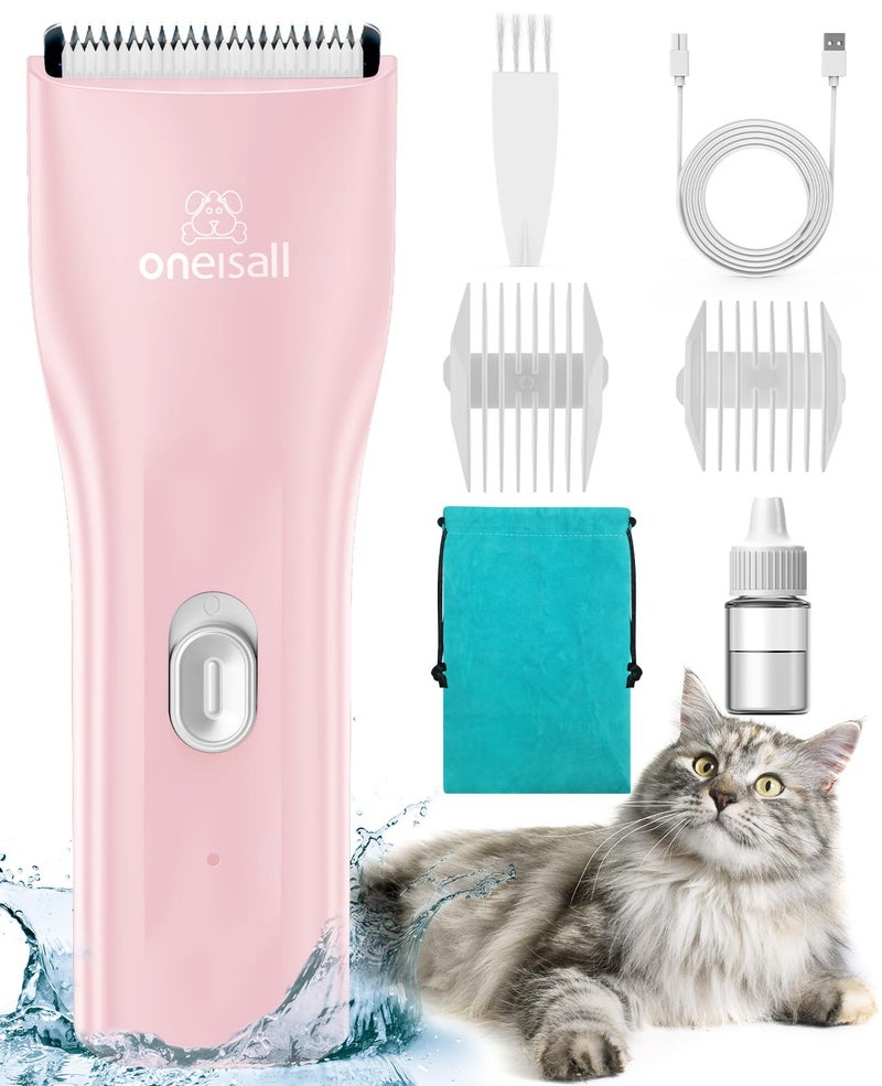 oneisall Pet Clipper for Cat Matted Hair Pet Shaver for Cats Quiet Pet Clippers Waterproof Cordless Cat Clippers for Matted Hair Long Hair with Storage Bag Pink