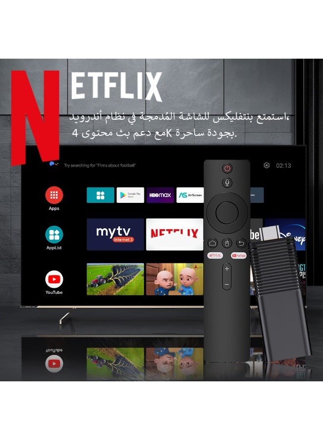 جهاز أندرويد تي في ستيك 4K فائق الوضوح، ذاكرة وصول عشوائي (RAM) سعة 2 جيجابايت، وذاكرة قراءة فقط (ROM) سعة 16 جيجابايت، ومعالج رباعي النواة H313، ودقة 1080 بكسل، وسرعة 2.4 جيجاهرتز، وواي فاي، وبلوتوث 5.0، وتقنية HDR10، مع جهاز تحكم صوتي بتقنية بلوتوث، ومشغل وسائط قابل للتوصيل والتشغيل. - Image 1