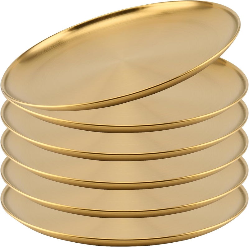 JOIKIT 6 Pack 10 Inch Gold Stainless Steel Plate Round Metal Dinner Plates Kitchenware Dinner Dishes Serving Tray Large Camping Plates for BBQ Snack Food Serving Dishwasher Safe - Image 1