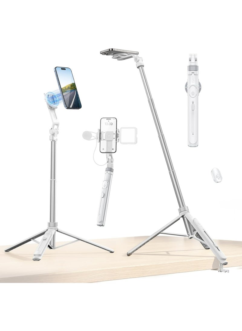 يولانزي حامل ثلاثي مغناطيسي يولانزي TT88 لهاتف iPhone، عصا سيلفي قابلة للتمديد مقاس 57 بوصة مع جهاز تحكم عن بعد، ومشبك هاتف 2 في 1 وحوامل أحذية باردة مزدوجة - حامل ثلاثي خفيف الوزن للهاتف للتدوين بالفيديو والسفر وتسجيل الفيديو (أبيض) - Image 1