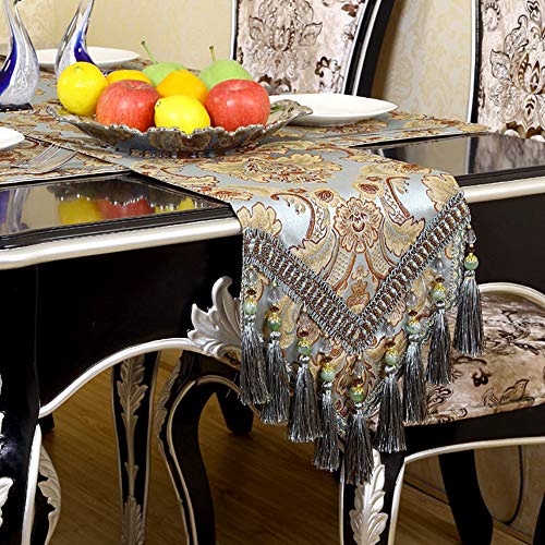 OZXCHIXU European Jacquard Fabric Multi-Tassels Table Runner (14x120 inch, Khaki) - Image 1