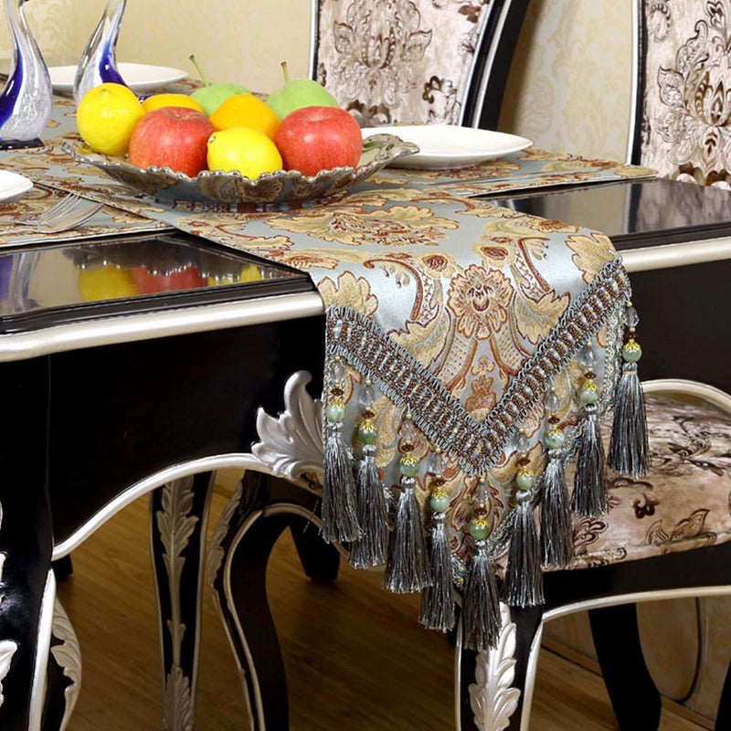OZXCHIXU European Jacquard Fabric Multi-Tassels Table Runner (14x120 inch, Khaki) - Image 4