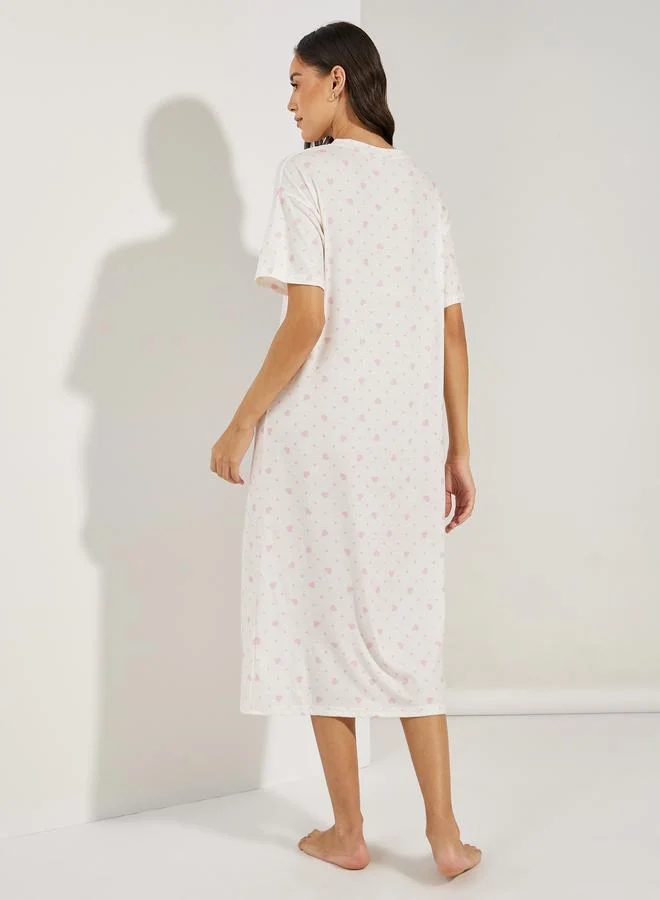 Styli Styli  Heart and Spot Print Button Front Drop Shoulder Sleep T-Shirt Dress