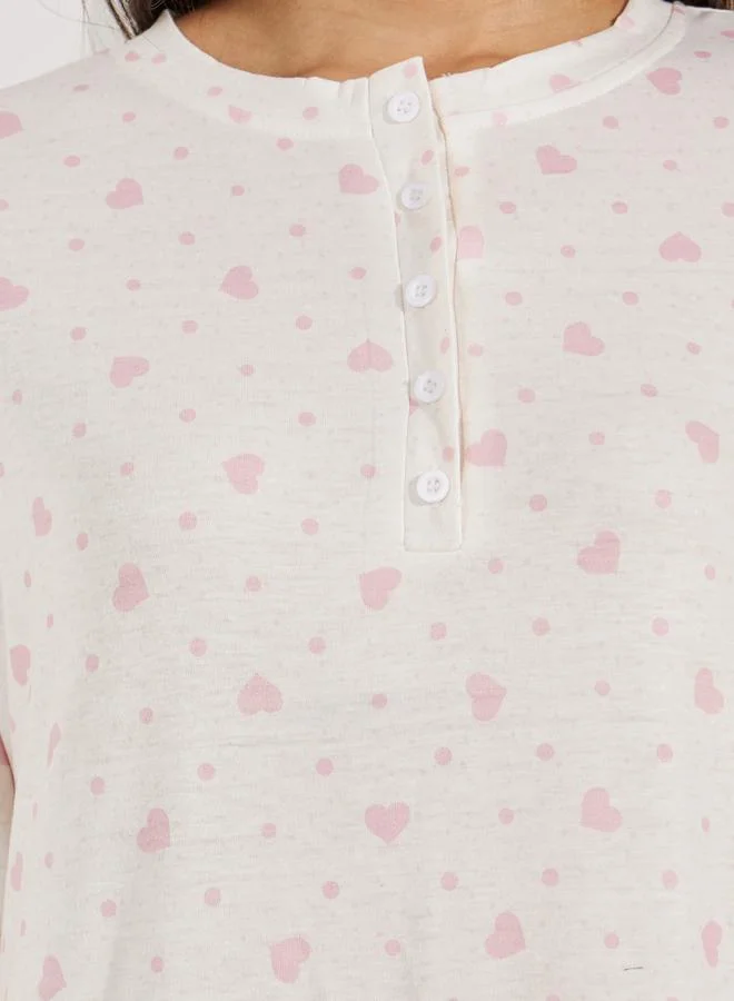 Styli Styli  Heart and Spot Print Button Front Drop Shoulder Sleep T-Shirt Dress