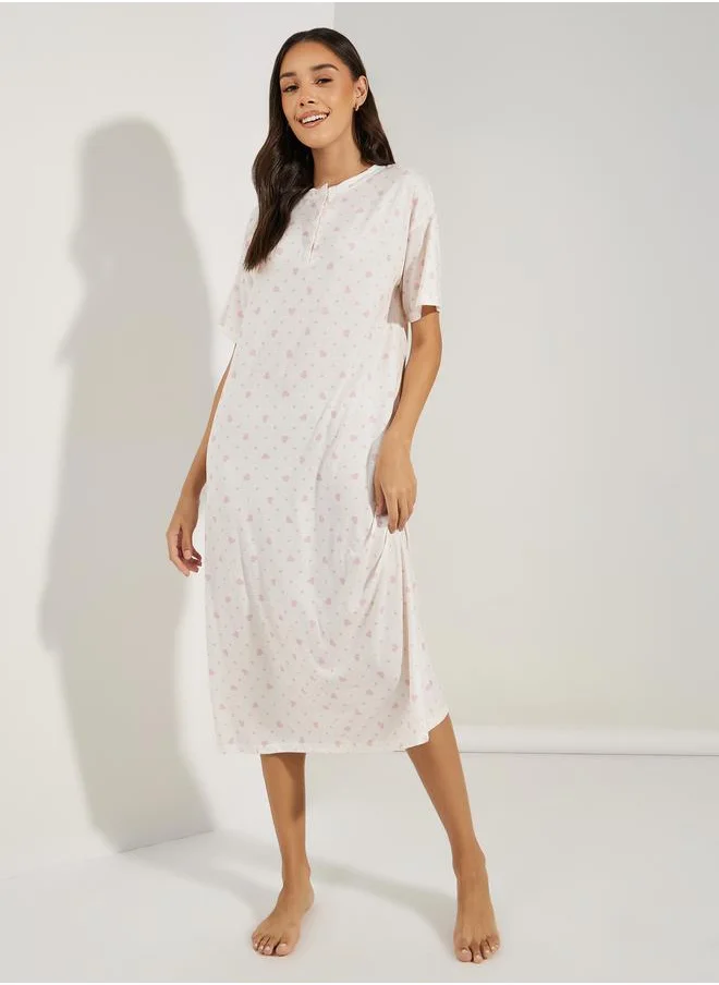 Styli Heart & Spot Print Button Front Drop Shoulder Sleep T-Shirt Dress