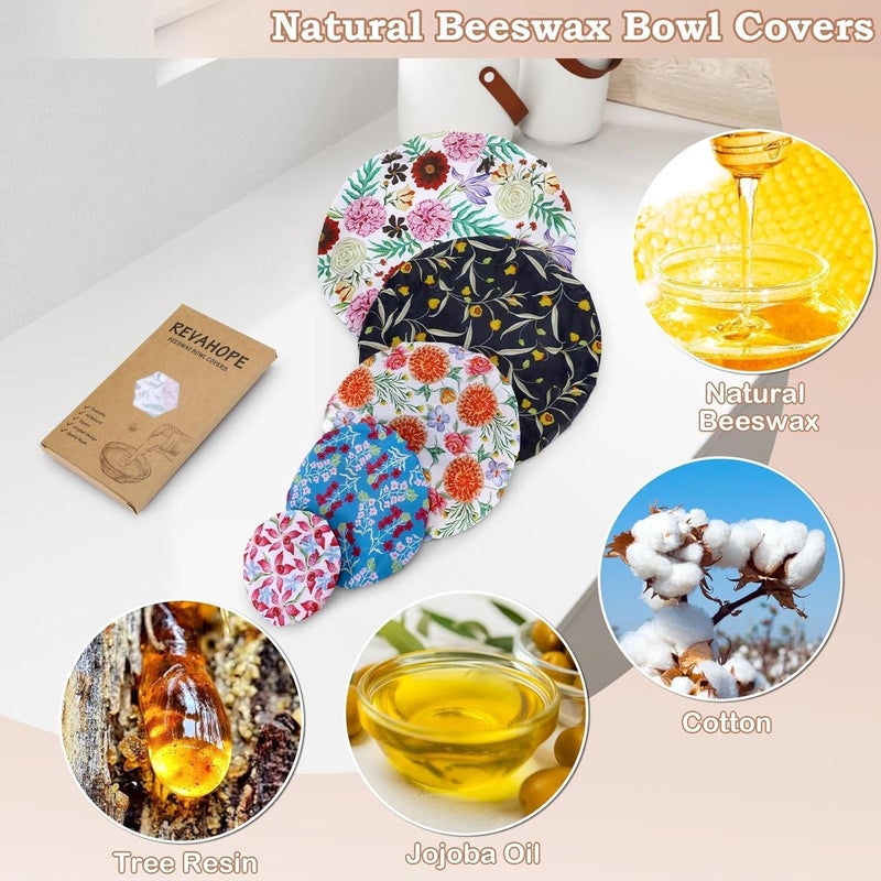 Revahope 5-Size Reusable Beeswax Bowl Covers for Bread Proofing, Cotton Cloth Flexible Beeswax Wraps for Food Storage(Colorful Floral) - Image 3