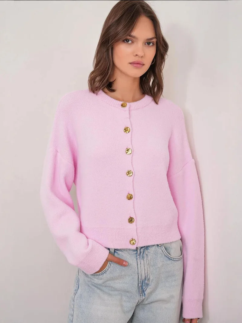 MixRay Powder Pink Mixray Buttoned Ribbed Knit Cardigan for Women | Best Price UAE