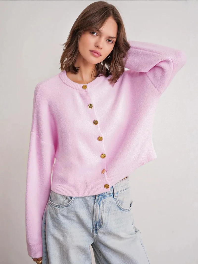 MixRay Powder Pink Mixray Buttoned Ribbed Knit Cardigan for Women | Best Price UAE