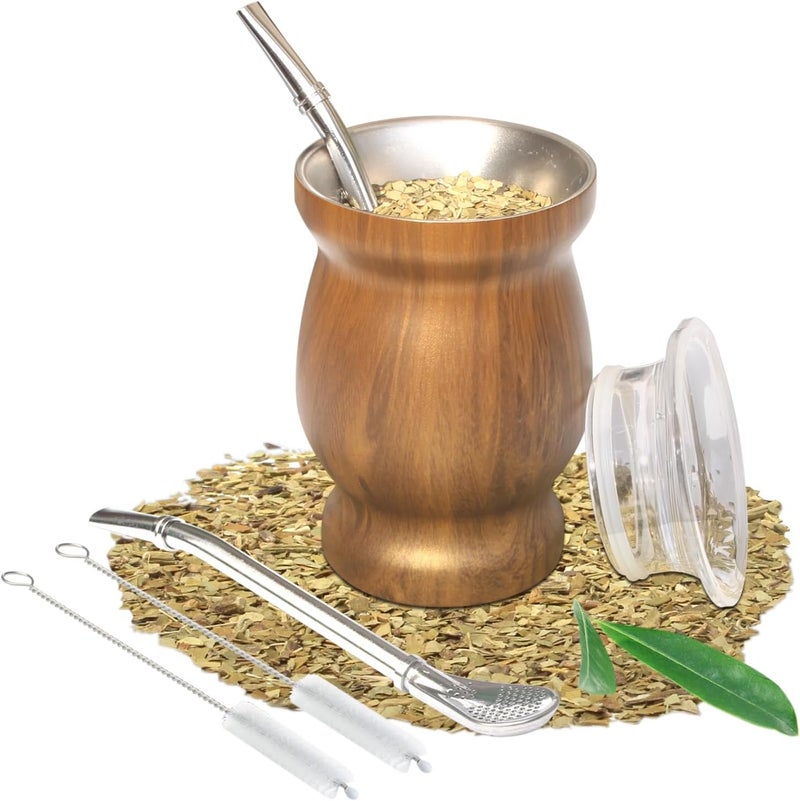 Beruth Bombilla Yerba Mate Gourd, 8oz Stainless Steel Tea Cup Set with a Multifunctional Lid, Two Straws and Cleaning Brushes, Double Walled Coffee Mug Heat Insulation Anti Scalding BR2301 (Brown) - Image 1