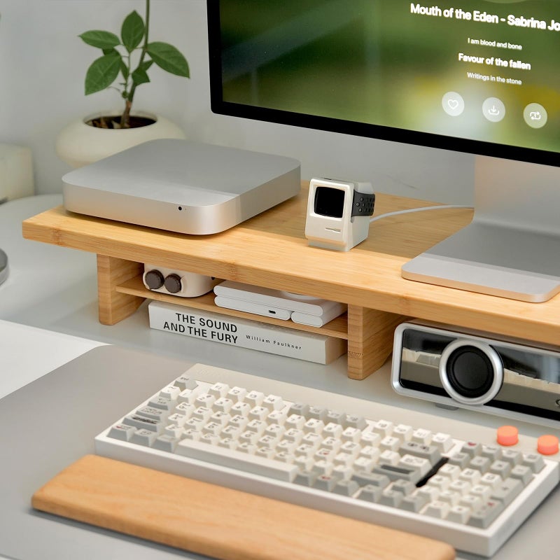 ROCDEER Bamboo Dual Monitor Stand Riser Natural, 2-Tier Desk Monitor Riser for 2 Monitors, Supports for PC Computer Monitor, Printer, Heavy TV Riser up to 300 lbs - Image 3
