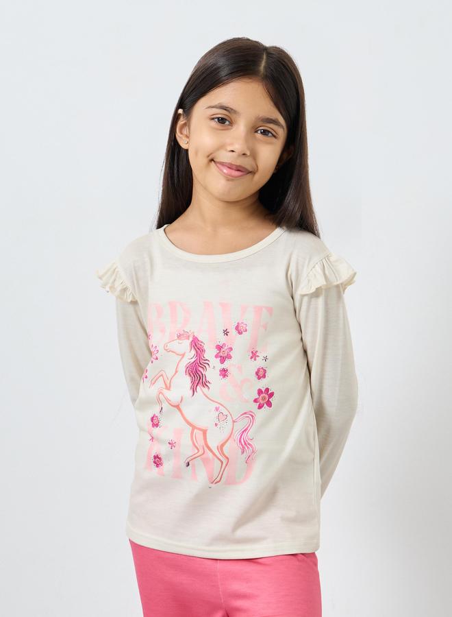 Styli Graphic Print Ruffle Trim Top and Pyjama Set - Image 3