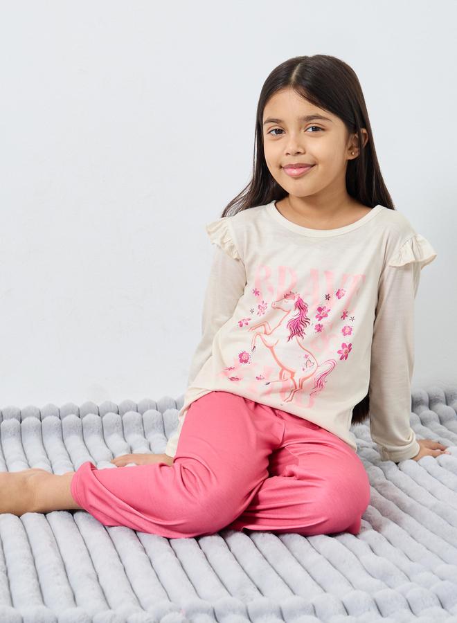 Styli Graphic Print Ruffle Trim Top and Pyjama Set - Image 1