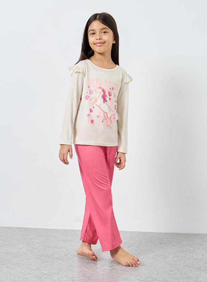 Styli Graphic Print Ruffle Trim Top and Pyjama Set - Image 2