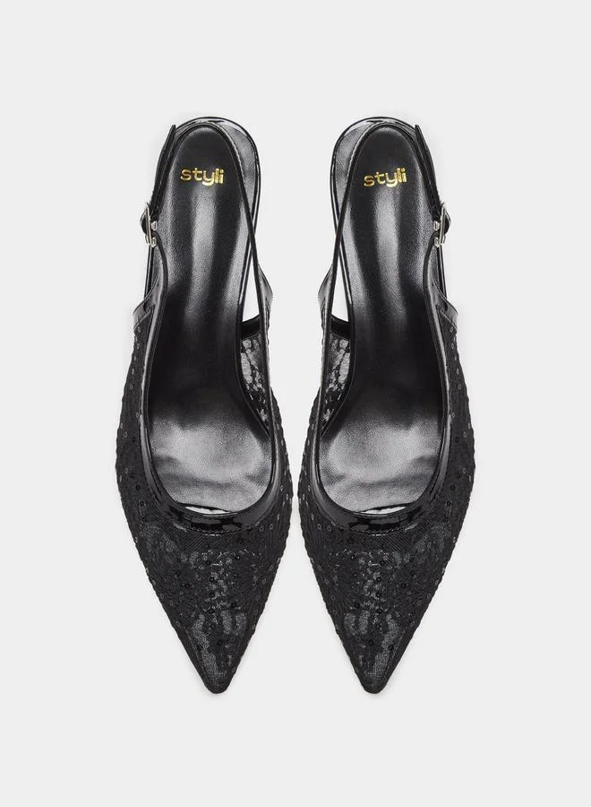 Styli Styli Embroidered Slingback Kitten Heel Pumps