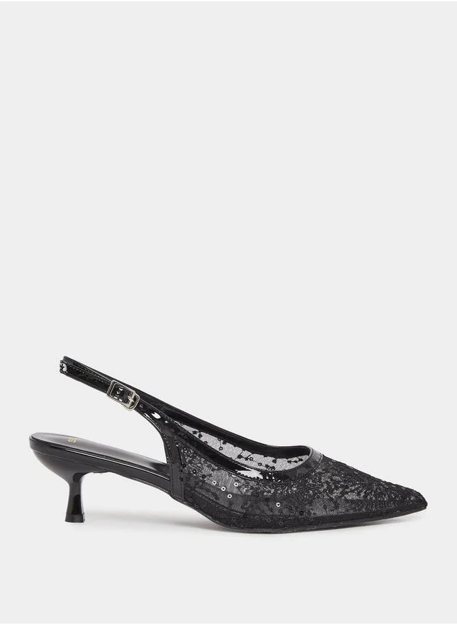 Styli Embroidered Slingback Kitten Heel Pumps