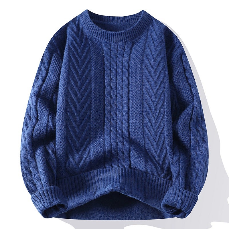 Trendy Sweater Mens Autumn and Winter fleece-lined Thickened Trendy Sweater Mens Loose Sense Lazy Warm Mens Sweater Navy blue  - Image 1