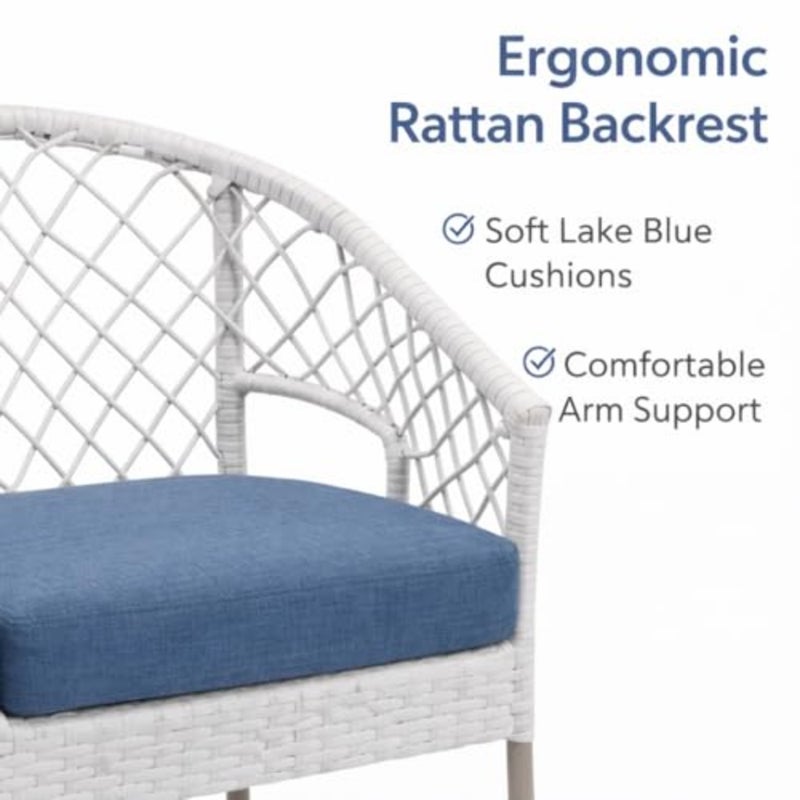 Outdoor Rattan Bistro Set 3-Piece White Patio Chairs and Round Table with Lake Blue Cushions Compact Balcony, Garden, Terrace and Café Furniture Set - Image 3