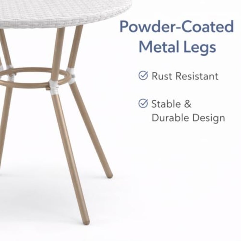 Outdoor Rattan Bistro Set 3-Piece White Patio Chairs and Round Table with Lake Blue Cushions Compact Balcony, Garden, Terrace and Café Furniture Set - Image 4