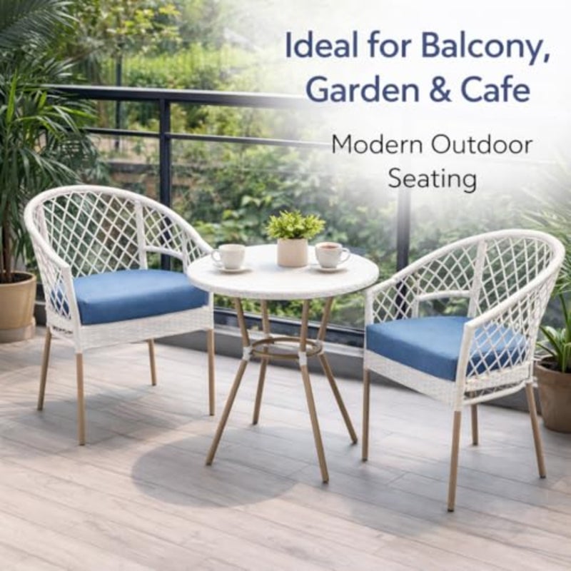 Outdoor Rattan Bistro Set 3-Piece White Patio Chairs and Round Table with Lake Blue Cushions Compact Balcony, Garden, Terrace and Café Furniture Set - Image 2