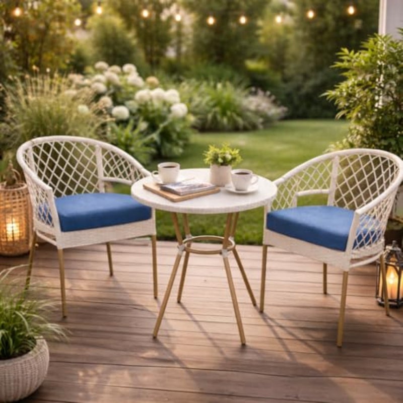 Outdoor Rattan Bistro Set 3-Piece White Patio Chairs and Round Table with Lake Blue Cushions Compact Balcony, Garden, Terrace and Café Furniture Set - Image 1