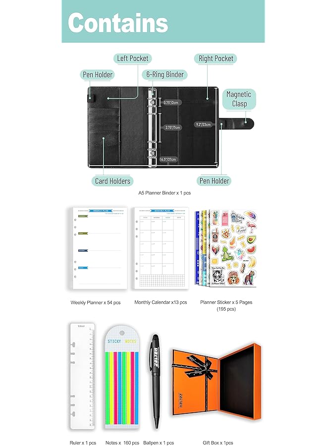 erorex Pu Leather Personal Notebook Planner With 80 Pages Loose Leaf Papers 6 Holes Ring Binder Pen Holder Magnetic Buckle Rainbow A5 Gift Box - Image 2