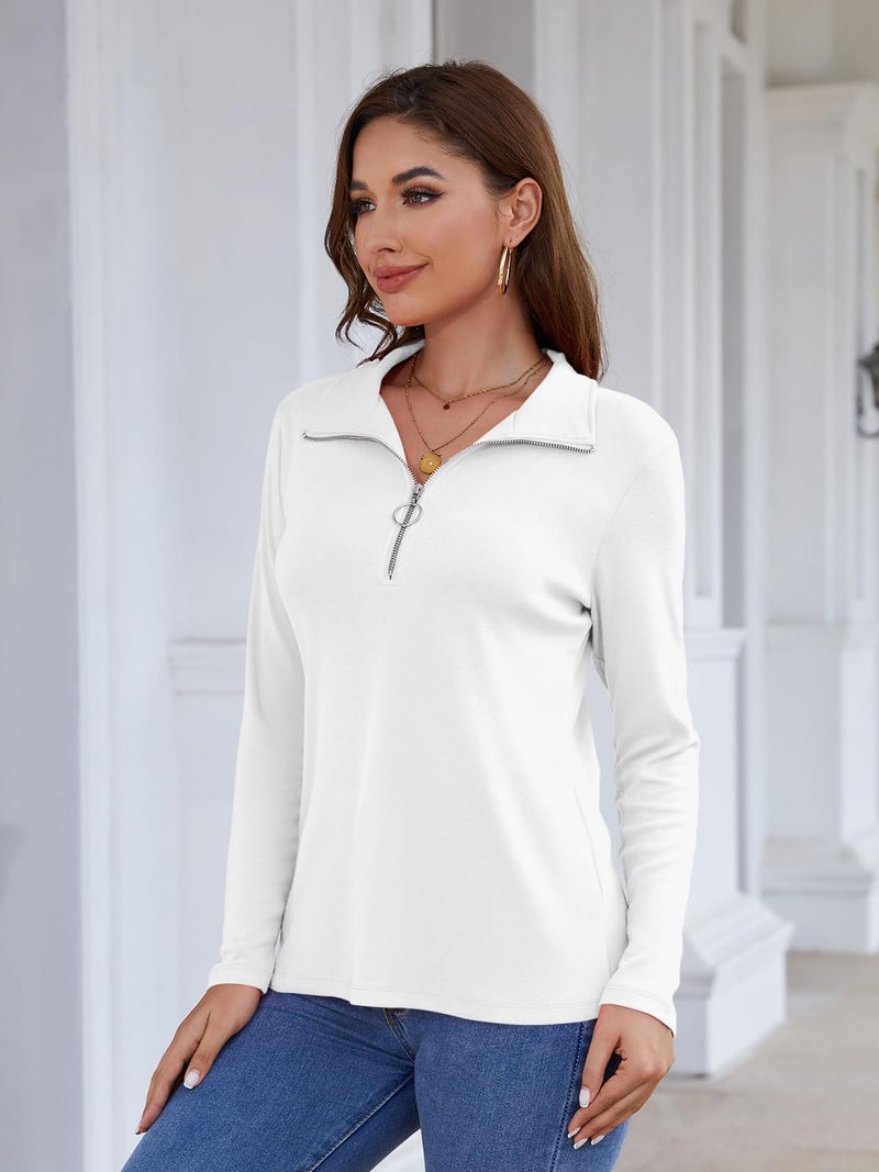 Minetom Womens Long Sleeve Tops V Neck Shirts Quarter Zip Pullover Collared Casual Tops Fall Clothes A White - Image 5
